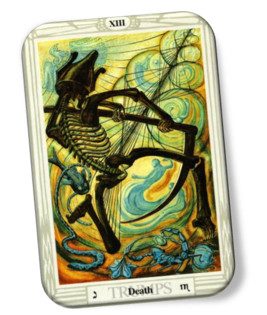 The card shows the dance of death, representing the eternal cycle of the principle of “dying and giving birth” in its mutual impact. We see a skeleton kneeling, holding a scythe to harvest all withered things falling through a cloth of fate...