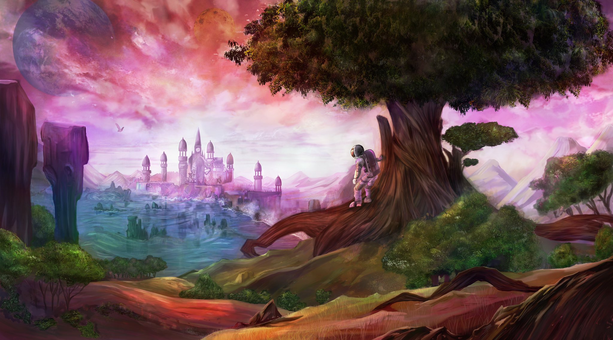 تويتر 智里 على تويتر コンセプトアートってものを初めて描きました これは異惑星にたどり着いちゃった宇宙探索者くんです 不思議な色の海とお城あります 色味かわいくないですか 世界観イラスト イラスト好きな人と繋がりたい 絵描きさんと繋がりたい