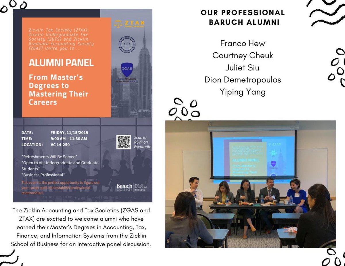 ZGAS's tweet photo. Happy weekend, everyone! 

We would like to take this opportunity to thank our successful Baruch Alumni professionals in Tax, Finance and Information Systems who once sat on the same classroom as us. They returned on campus last week to inspire future leaders of Baruch College. https://t.co/xZgCToxcPz