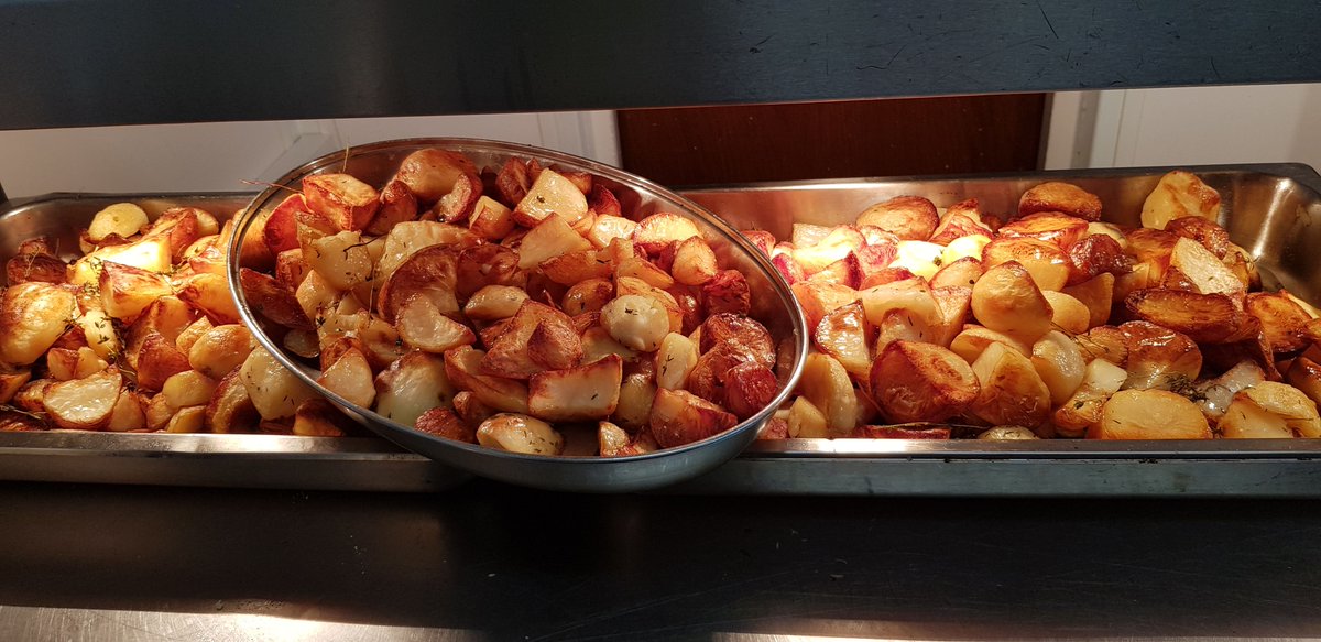 Our roast potatoes go through 4 steps. 
1. We peel and chop them. 
2. We steam them to ensure a fluffy centre. 
3. For tomorrow we marinade them in Oil, Thyme and Rosemary. 
4. Then we slowly roast them. 
Join us on Sundays between 12pm and 8pm. 
#homemade #norfolk #carvery