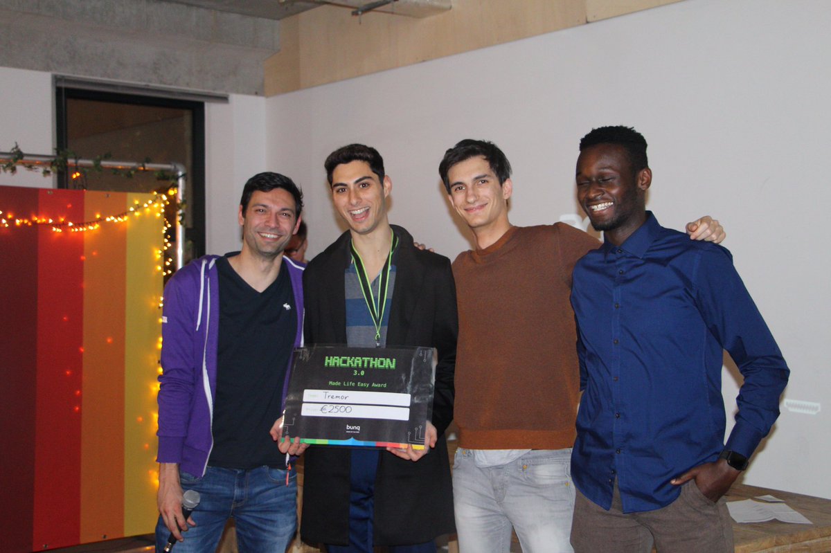 bunq's tweet photo. Big congratulations to the winners of the bunq Hackathon 3.0 TREMOR for their project WRISTBANK: "Enabling banking lightweight interactions from your wrist”. 🌈 #bunqHackathon https://t.co/9HcVFNEuxe