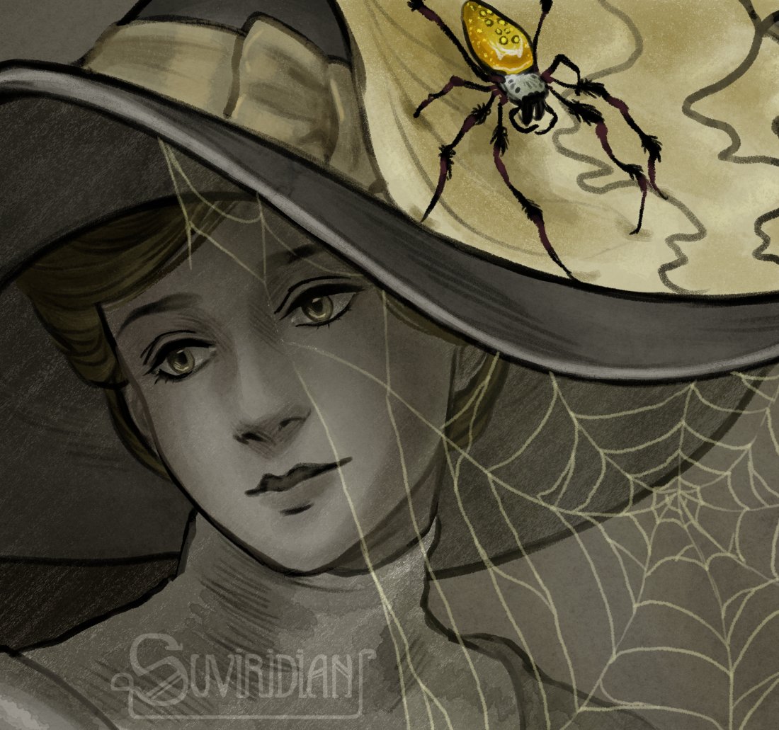 Here's some original stuff for a change, a lady in early 20th century clothing with golden orb-weaver spiders!🕷🕸

#historical #historicaldress #arachnids