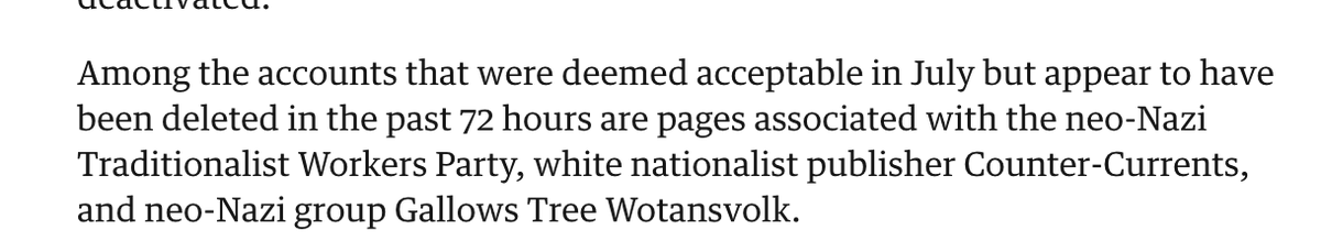 Some of the hate groups Facebook suddenly removed after Charlottesville were ones that  @juliacarriew had flagged to Facebook, and that the company had deemed perfectly acceptable, just weeks before:  https://www.theguardian.com/technology/2017/aug/16/mark-zuckerberg-facebook-charlottesville-response