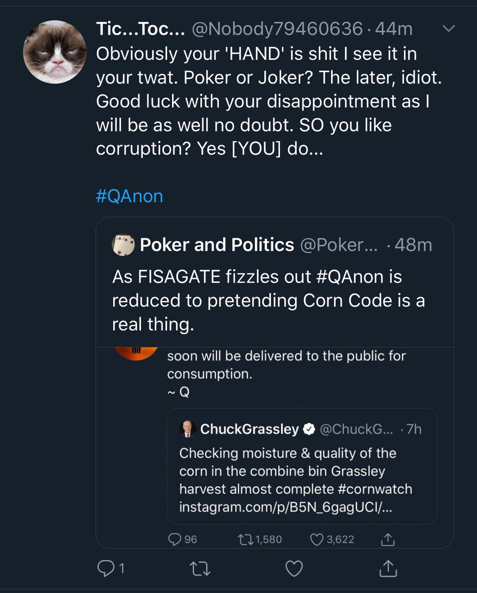 PokerPolitics's tweet photo. Getting owned by facts and logic. #QAnon #CornCode https://t.co/yNIcr3gLEi
