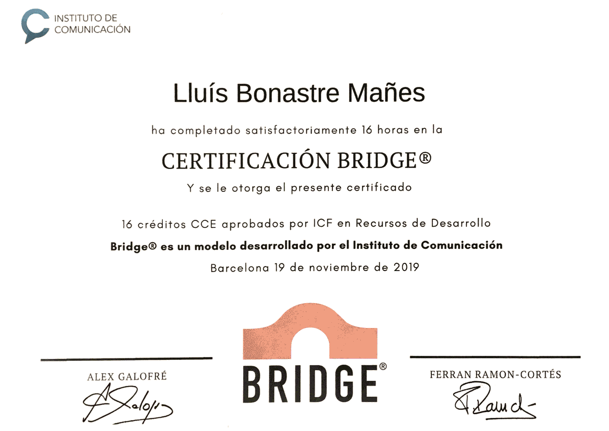 Contento y agradecido por conseguir la Certificación Bridge. Una herramienta para entendernos mejor con los demás construyendo puentes entre las personas. Será de una gran utilidad al sector educativo y a la orientación familiar. institutodecom.com/bridge-model