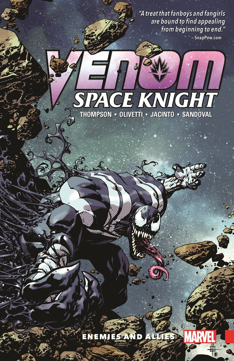 The second trade volume of Venom Space Knight: “Enemies and Allies” reprints issues #7-13 of the series, which deals with Mania’s demonic possession by the Hell-Mark and subsequent fight with Agent Venom.