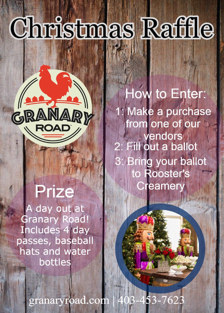 Its Raffle Time! win a spectacular day out at Granary Road in our Christmas Raffle!  All you have to do is make a purchase from one of our lovely vendors at Granary Road between November 24th and December 1st! 
Winner will be drawn on December 6th! 🎄🎁