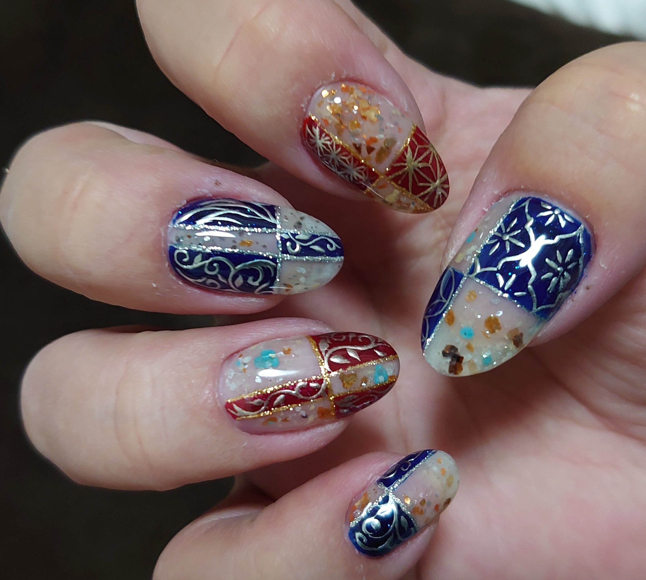 ネイルゼロプラス Nail Zero ネイルエキスポです 自分のネイルはバージョンアップだけにしました ソフィラジェルの新色をメインに クリアには素材系の新色 トルコ石 テラコッタ スモーキークォーツ カラーの上には シルバー アンティークゴールド