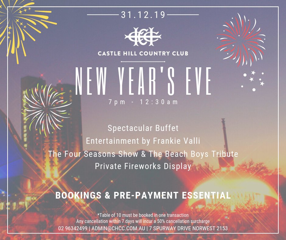 Join us at Castle Hill Country Club for New Year's Eve!
⁠
There will be a spectacular buffet, fantastic live entertainment and a dazzling fireworks display!⁠
⁠
Bookings &amp; Pre-Payment Essential!⁠
⁠
Call Reception on (02) 96342499 or email Admin@chcc.com.au
