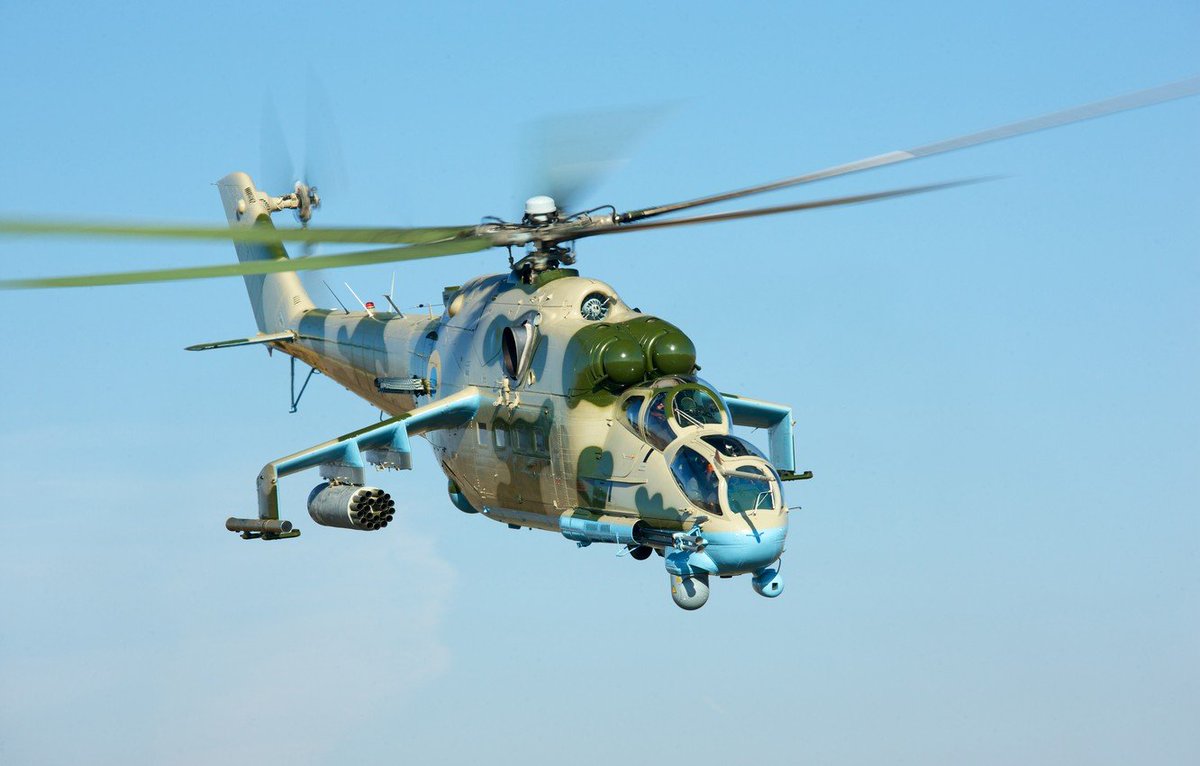 The Mil Mi-24 "Hind" is a legendary gunship that can also carry a small complement of troops.It has been used in more than 30 conflicts going back to 1977.While the original powerplants were Russian-made, a newer variant , the Mi-24P "Hind F", uses Motor Sich engines.9/