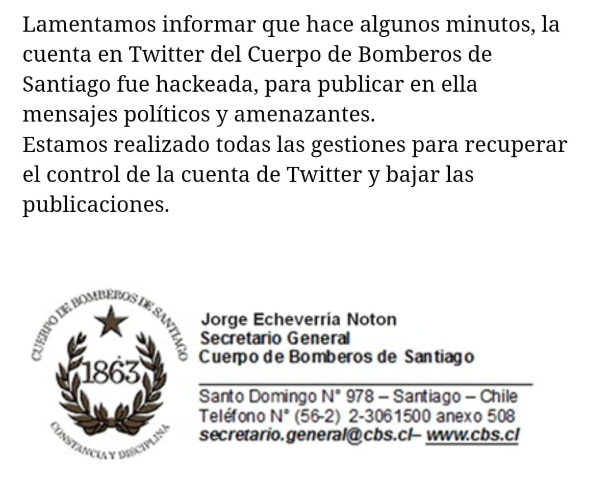 CE2RSA's tweet image. Se informa que la cuenta oficial del cuerpo de Bomberos de Santiago fue hackeada, estar atentos hasta que se normalice esta situación que les afecta. RT.