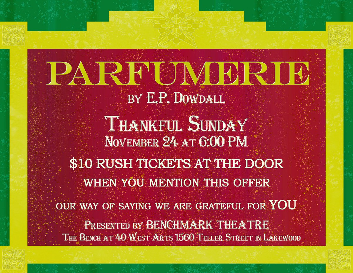 Check out this special deal for tickets to tomorrow evening’s performance of #Parfumerie : Sun. 11/24 @ 6pm only!