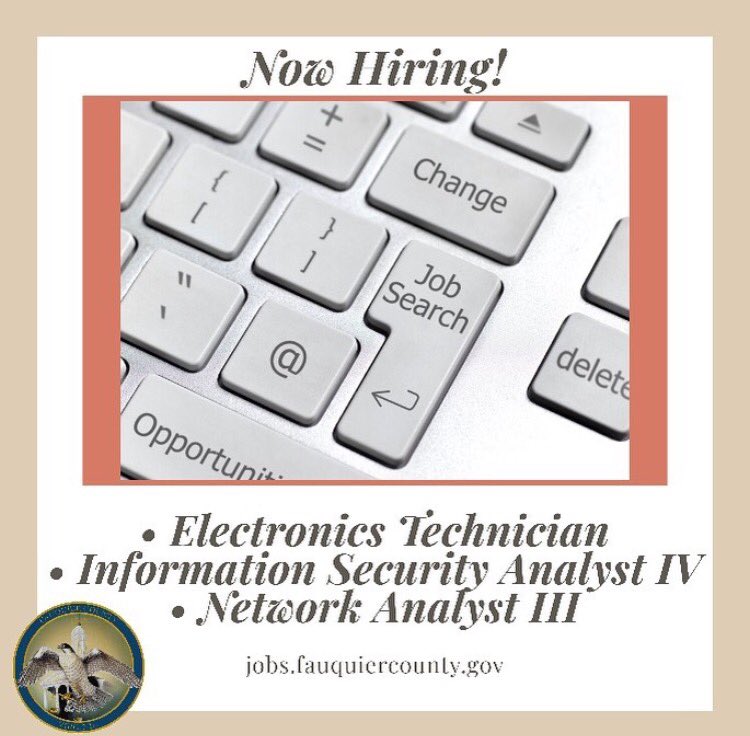 FauquierJobs's tweet photo. Career opportunities available with Fauquier County Information Technology! Apply today at https://t.co/xm8eNOACP1. 
#Security #Electronics #Network #HR #jobs #recruitment #nova https://t.co/PfQH6d4sh7