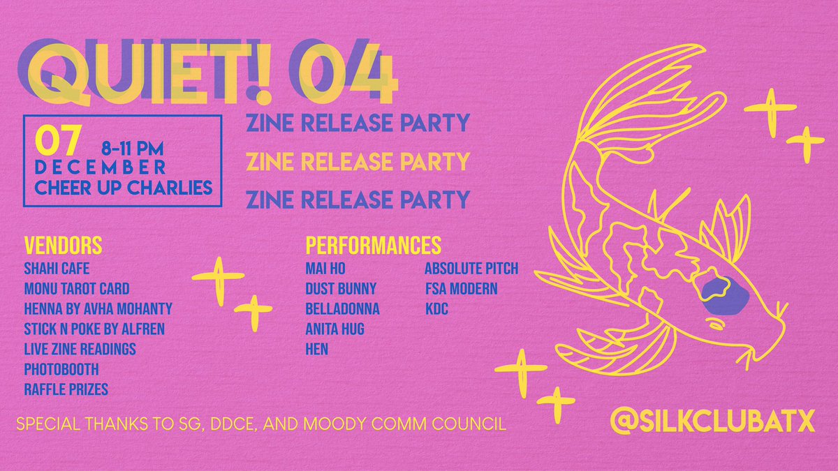 silkclubatx's tweet photo. Silk Club is back with another zine release party! 💃🏻 🎉 Come join us at @CheerUpCharlies to celebrate the release of QUIET! 04 along with performances from our favorite drag queens and dancers, stick n poke, tarot, and more!!!!!! 🥳🥳🥳 https://t.co/nKqAdj4WTR