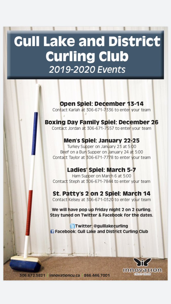 Two days until the rink is open (the 25th)! 
Monday - Men’s Night 
Tuesday - Ladies Night 
Thursday - 2 on 2 

We will also have pop up Friday Night 2 on 2 curling, stay tuned!
