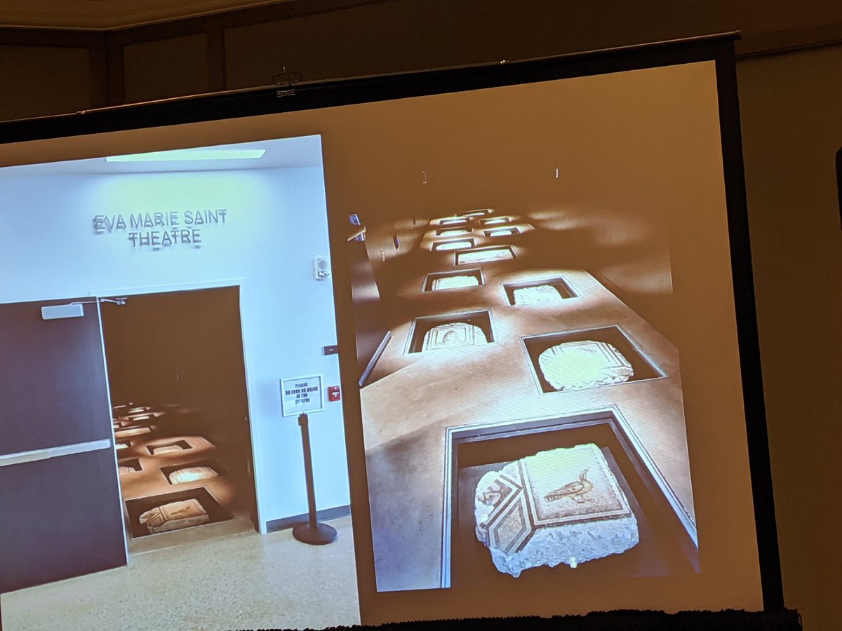 mokersel's tweet photo. Mosaics as themed decoration in the theatre department. No signs, in a hallway, just a note about the donor #asor19 https://t.co/xFANkxwNz7