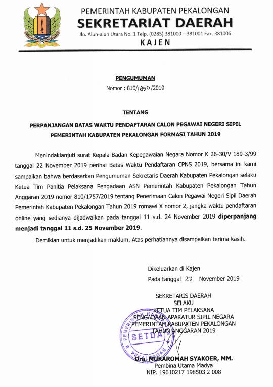 Badan Kepegawaian Daerah Dan Diklat Kab Pekalongan در توییتر Menindaklanjuti Surat Bkn Nomor K 26 30 V 189 3 99 Hal Batas Waktu Pencaftaran Cpns 2019 Sekretaris Daerah Selaku Ketua Tim Tim Pelaksana Pengadaan Casn Kabupaten Pekalongan Menyampaikan
