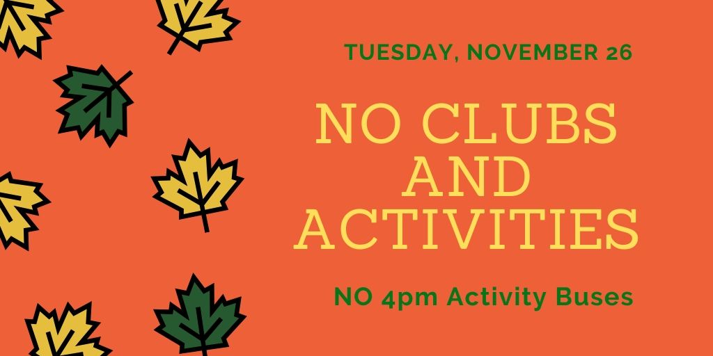 graftonms's tweet photo. If students stay after school with a teacher on Tuesday they will need a ride home.  No clubs will meet.  
Happy Thanksgiving from GMS! https://t.co/wefg3JSkxF