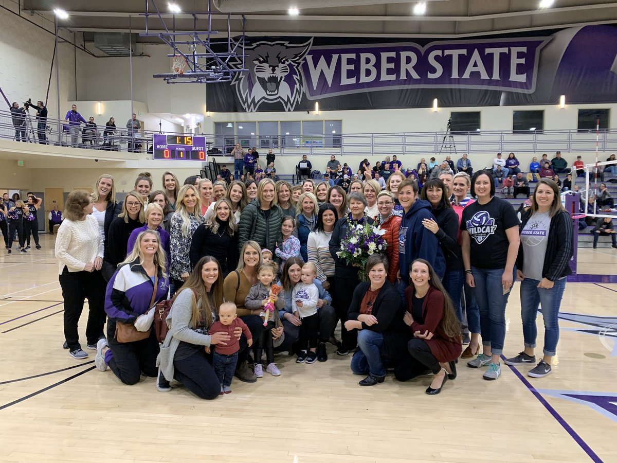 weberstatevb's tweet photo. Have to give a big THANK YOU to our trainer Nancy Weir! She’s been a huge part of the Wildcat volleyball program and it was incredible to have so many alumni and friends show up to support her in her last match at the Swenson Gym! #weareweber #bigskyvb #purplereign https://t.co/VD3ETaOqGp