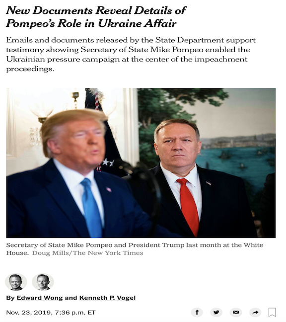 MORE: Newly released documents support testimony showing Secretary Pompeo enabled Trump's pressure campaign on Ukraine and reveal Pompeo's role in the deliberately misleading response the State Dept sent members of Congress about Amb Yovanovitch's ouster. https://nyti.ms/2QLwLTv 