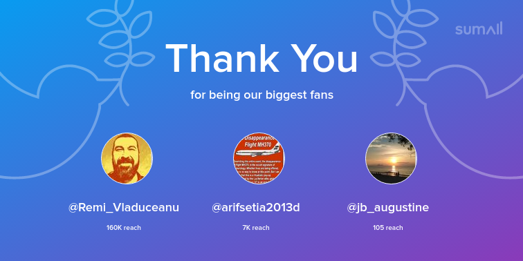 Our biggest fans this week: Remi_Vladuceanu, arifsetia2013d, jb_augustine. Thank you! via sumall.com/thankyou?utm_s…