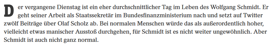 Gutes Porträt von @W_Schmidt_ im Spiegel
@ChHickmann, @vmedick und @ChristianTeevs 
'Vor 17 Jahren stellte er sein politisches Leben in den Dienst von Olaf Scholz. Seither denkt er Scholz, atmet er Scholz, lebt er Scholz.' #SPD #SPDVorsitz #unsereSPD 
magazin.spiegel.de/SP/2019/48/167… (€)
