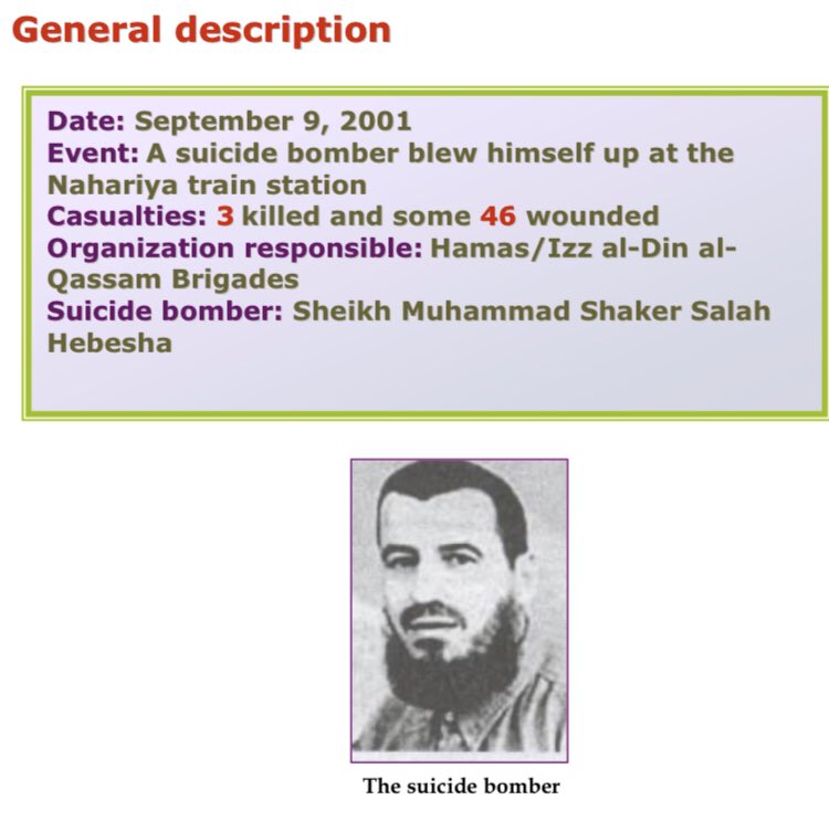 28) Organization: HamasOn September 9 2001, a 48 year old resident of Abu Snan (western Galilee) blew himself up on the platform of Nahariya train station. 3 killed and approximately 46 wounded.