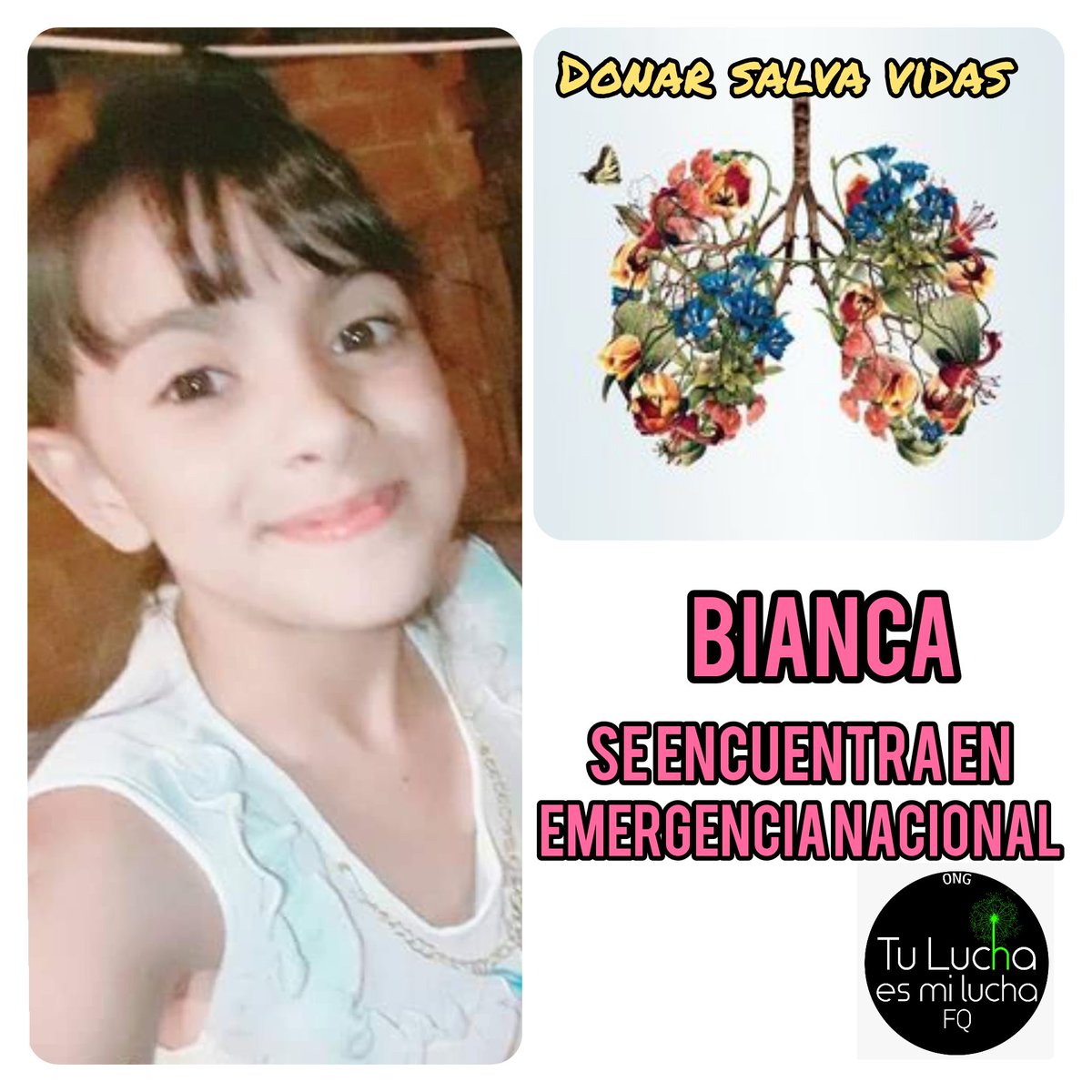 Bianca padece Fibrosis Quística,debido a las Infecciones a repetición que ocasionó la enfermedad, sus pulmones se deterioraron.Necesita un trasplante bipulmonar."Donar órganos salvan muchas vidas"#pulmonesparabianca