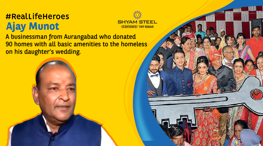 shyamsteel's tweet photo. Ajay Munot, a rich wholesale trader of cloth and wheat, instead of spending 70-80 lakhs at his daughter’s wedding, he donated 90 houses to the homeless.
#ShyamSteel #flexiSTRONG #TMTBar #RealHero #RemarkableIndia https://t.co/k9UUqwBhTL