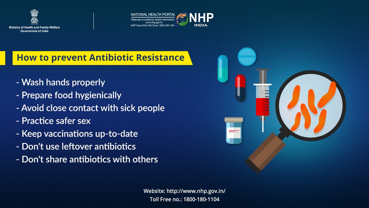 Misuse of antibiotics puts us all at risk. Preventing infection can reduce the use of antibiotics, and limit the spread of #AntibioticResistance.
#SwasthaBharat #HealthForAll #WorldAntibioticAwarenessWeek