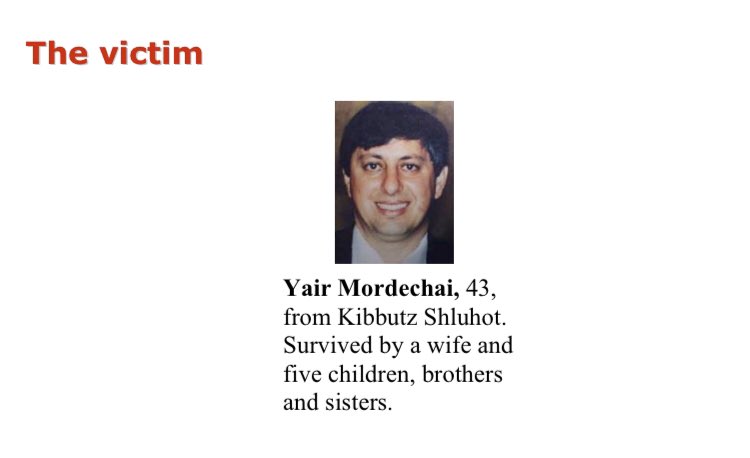 29) Organization: PIJOn October 7 2001, a 17 year old resident of Tubas (north of Jenin) blew himself up near a car by the entrance to kibbutz Shluhot near Beit She’an. 1 killed.