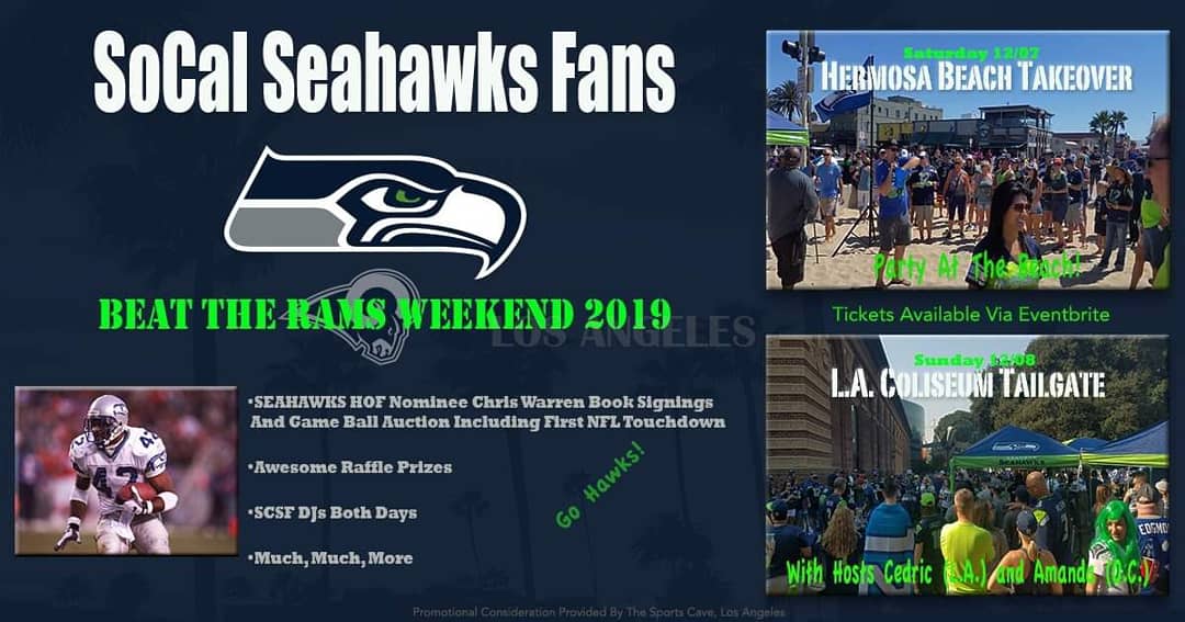 SoCalSeahwksFns's tweet photo. Beat The Rams Weekend 2019

Sat 12/7 Hermosa Beach Takeover
Sun 12/8 L.A. Coliseum Tailgate

Featuring former Seahawks running back and Hall of Fame Nominee Chris Warren @SEA42HAWKS book signings and football auction.

Tickets available at Eventbrite: https://t.co/M7IEVOe4vu https://t.co/cwS4aZSuzr
