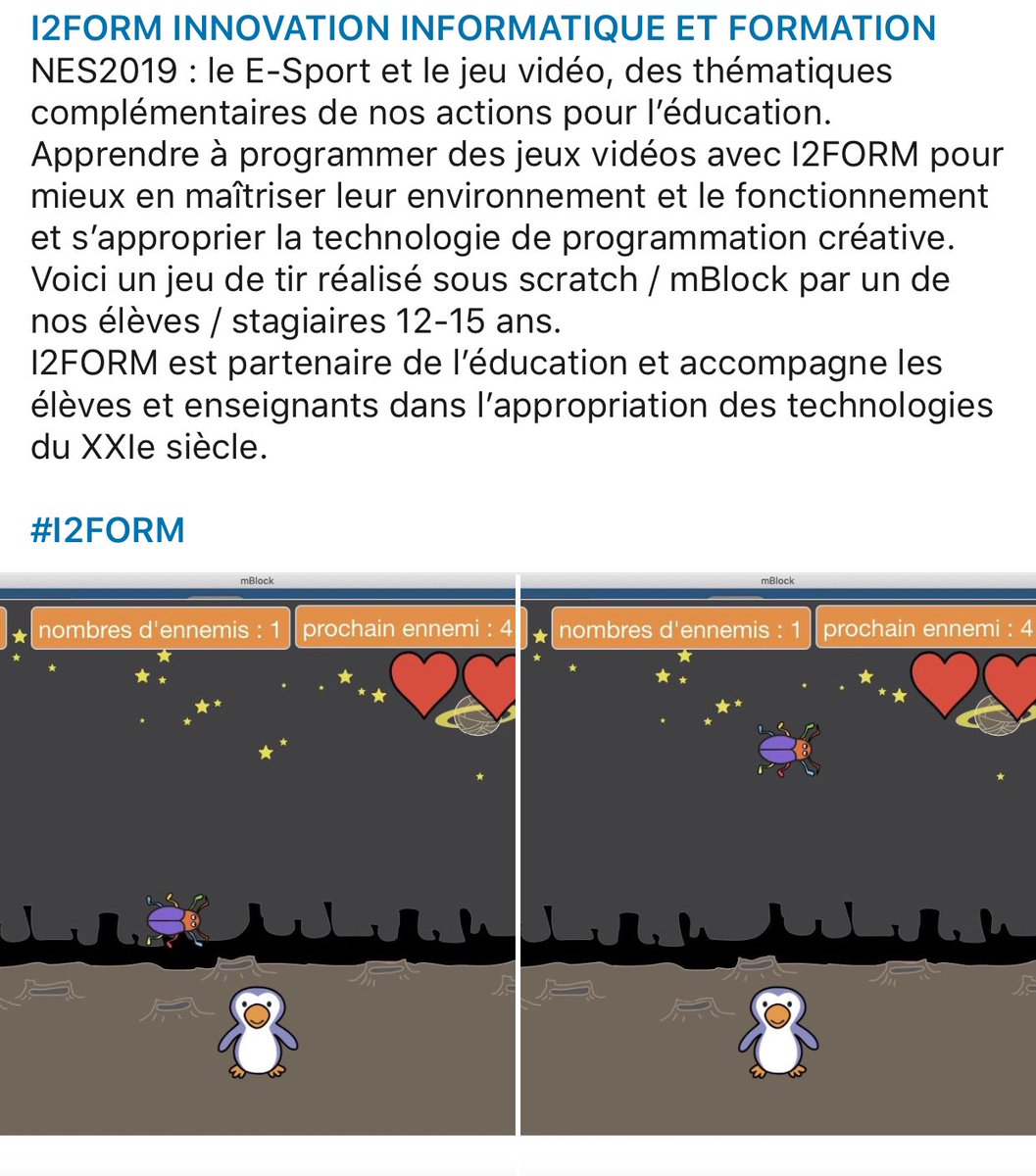 i2form's tweet image. I2FORM INNOVATION INFORMATIQUE ET FORMATION
NES2019 : le E-Sport et le jeu vidéo, des thématiques complémentaires de nos actions pour l’éducation.
Apprendre à programmer des jeux vidéos avec I2FORM pour mieux en maîtriser leur environnement.

#I2FORM @i2form