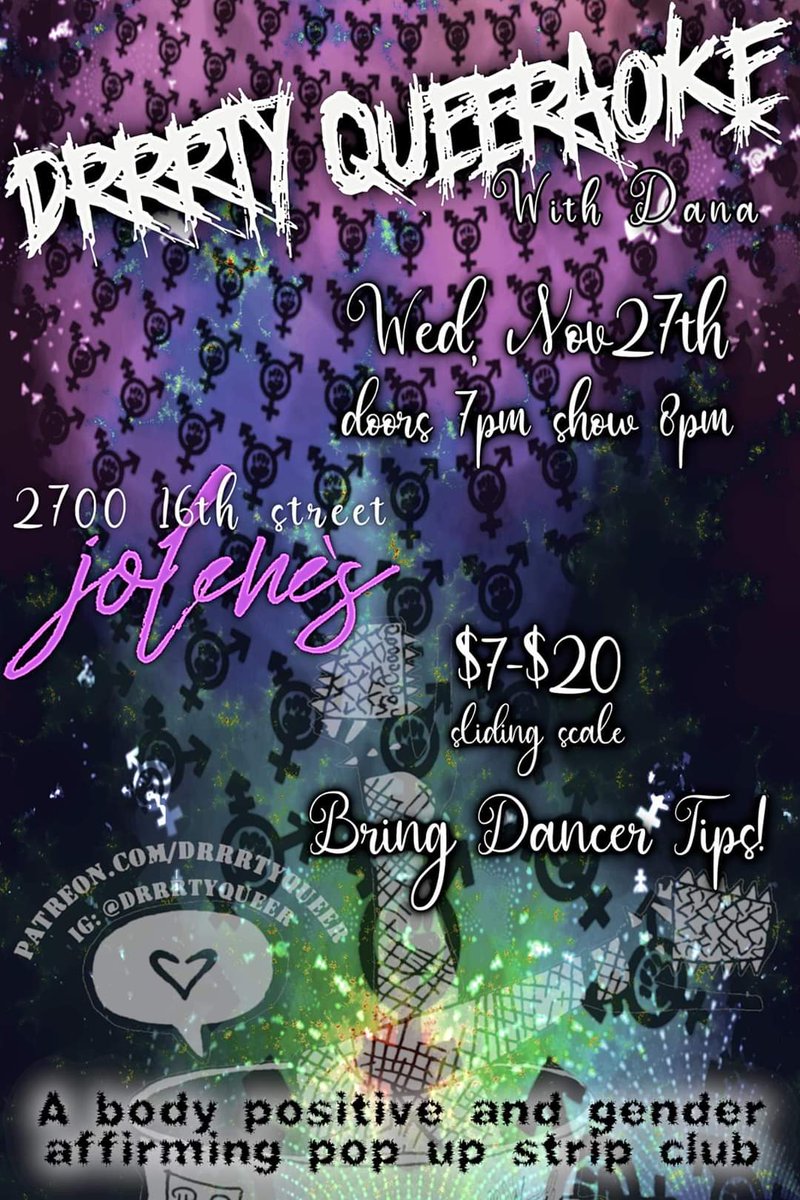 LuxBelial666's tweet photo. This Wednesday at Jolene's, we'll be doing our first @DrrrtyQueer Queeraoke strip show with @karaokewithdana! You sing the songs and we dance for you! #queer #trans #popupstripclub #karaoke #jolenes https://t.co/QEyaPxA1ma