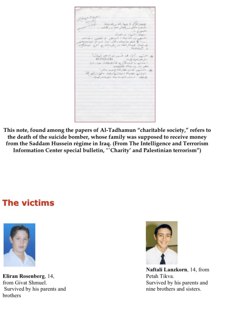 A note found among the papers of Al-Tadhamun “charitable society,” refers to the death of the suicide bomber, whose family was supposed to receive money from the Saddam Hussein régime in Iraq.2 killed, both 14, and approximately 4 wounded