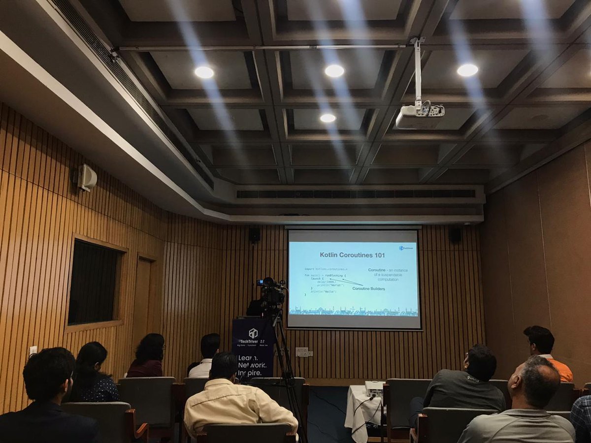 TechTriveni's tweet photo. At #TechTriveni, @praveergupta explained how to tackle #Asynchrony with #Kotlin Coroutines. #event #techconference #techleaders #techcommunity #delhincr https://t.co/EaXQU2itr5