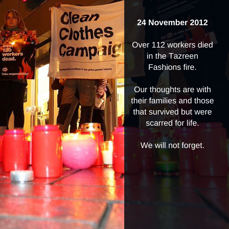cleanclothes's tweet photo. Today our thoughts are with all those families who lost loved ones in the horrible #Tazreen factory fire 7 years ago and with all those workers that lived through that horrible experience. We will #neverforget and keep on fighting for safe factories and justice #TazreenNeverAgain https://t.co/jDglQjmFeB
