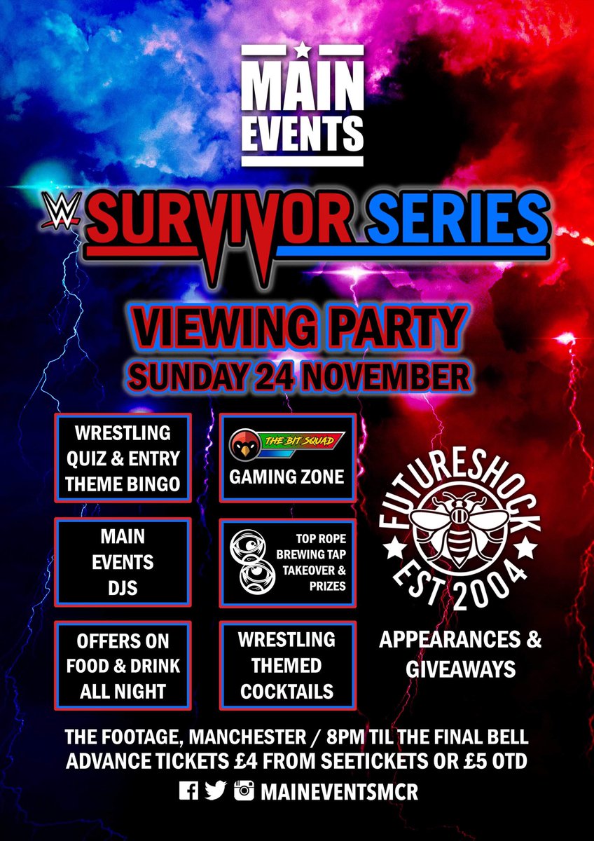 Our sister company <a href="/maineventsmcr/">MAIN EVENTS</a> is throwing a big party for WWE Survivor Series at <a href="/footagepub/">The Footage Pub</a> tonight from 8pm!