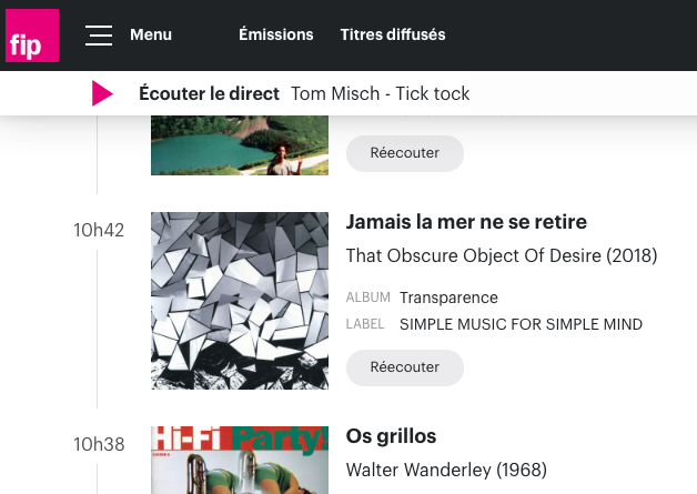 #radio Un an après, le single "JAMAIS LA MER NE SE RETIRE" hante toujours les ondes de <a href="/fipradio/">FIP 📻</a>. 🖤💦
À retrouver sur le LP "Transparence", et "offert" pour toute commande du tote bag fabriqué en édition limitée : thatobscureobjectofdesire.bandcamp.com/merch