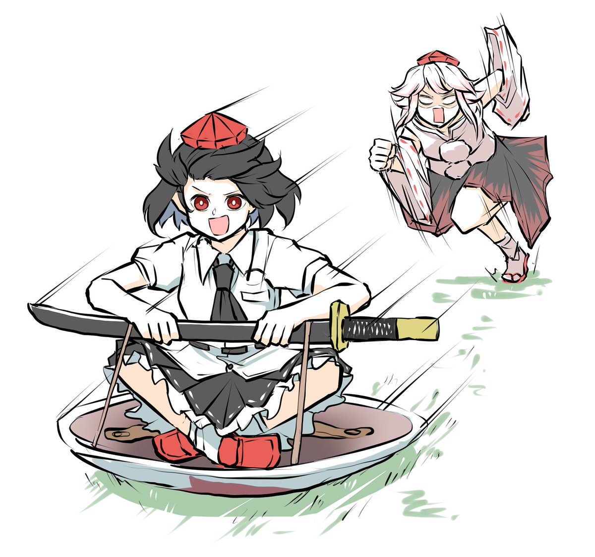 inubashiri momiji ,shameimaru aya multiple girls 2girls weapon sword red eyes skirt tokin hat  illustration images