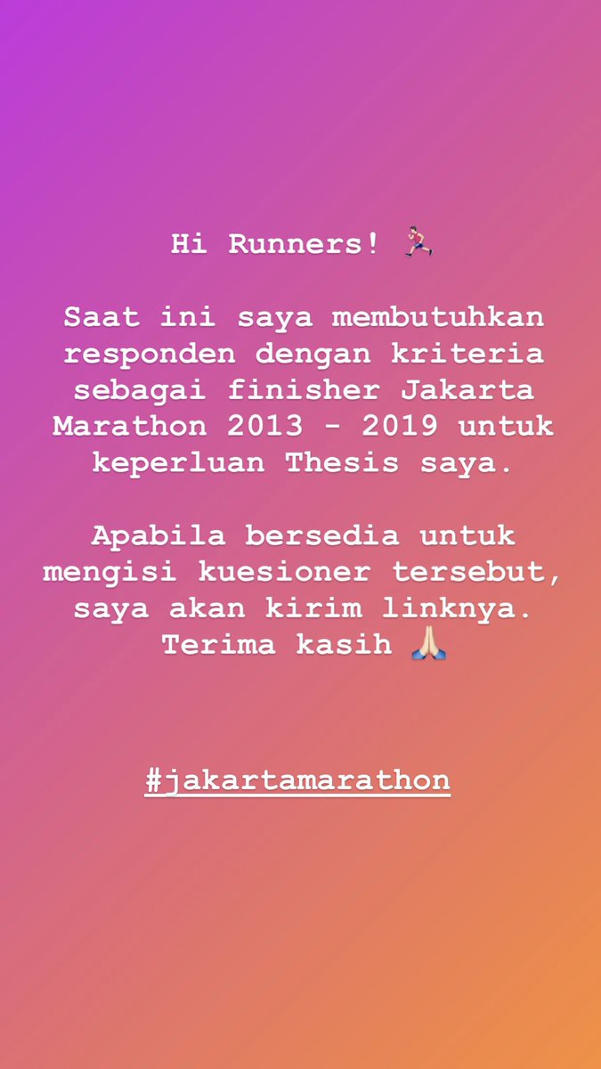 Hi Runners! 🏃🏻🏃‍♀️ 

Please Twitter do your magic! 😍🙏🏻 
#JakartaMarathon 
#Indorunners 
#Lari
