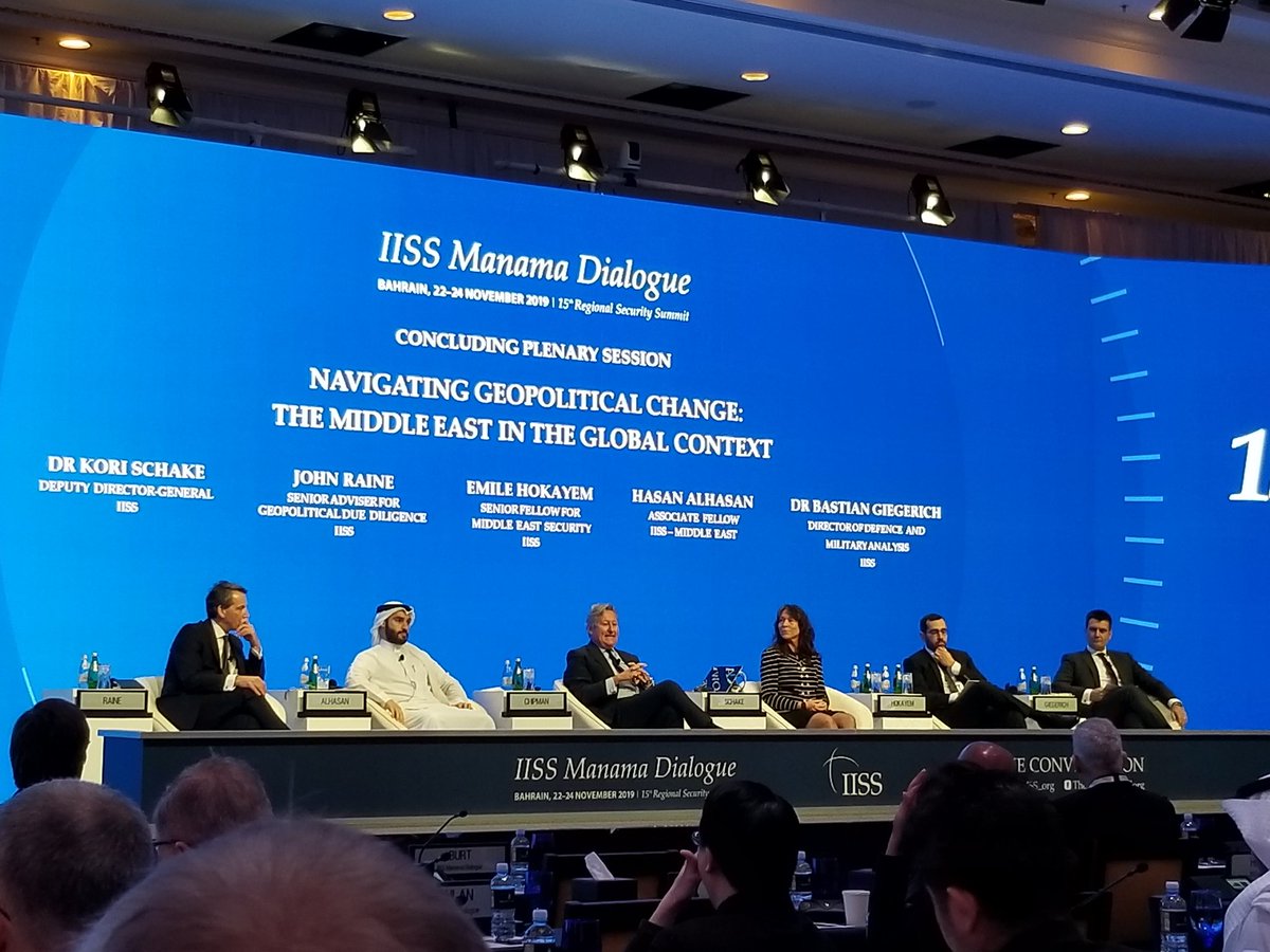 And now the last morning for the Manama Dialogue (first panel this morning was off the record, on grey zone conflict). We have  @KoriSchake,  @emile_hokayem, John Raine, Hasan Alhasan, and Bastien Giegerich. Thread on the key points.  #IISSMD19