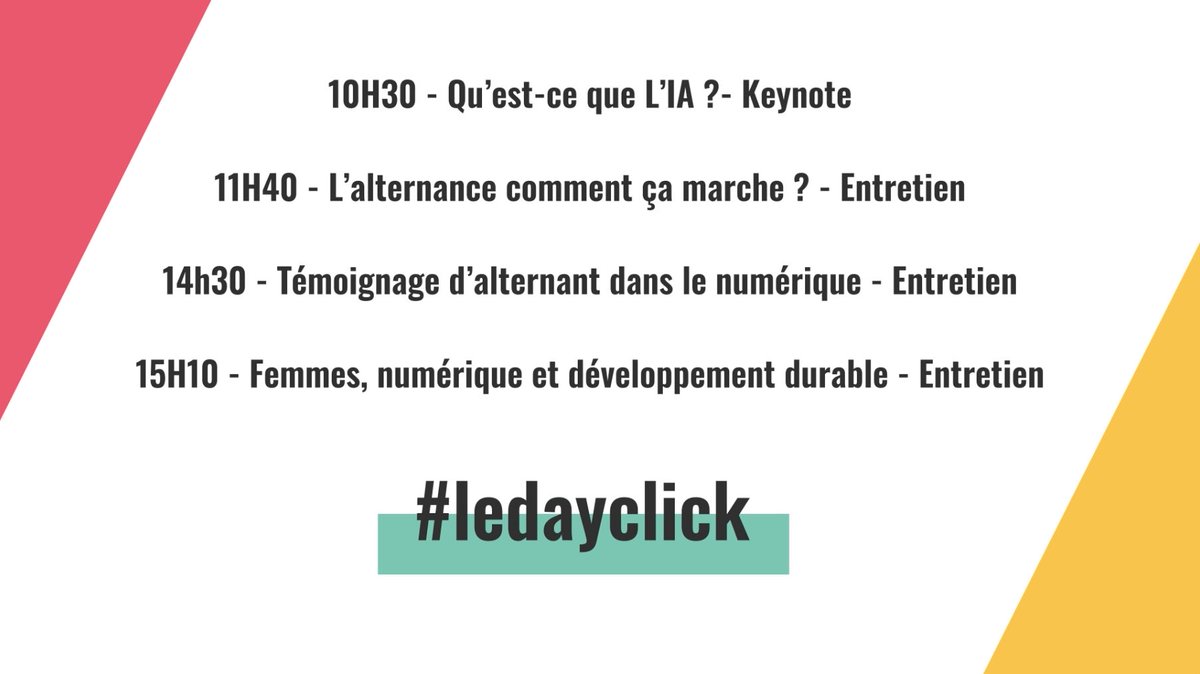 [Découvrez le programme de la journée ⏰ 📰 ]
C’est dimanche, c’est le jour idéal pour découvrir l’IA, échanger avec des étudiants, parler des femmes dans le #numerique 🤓 #ledayclick <a href="/OpcoAtlas/">Opco Atlas</a> @syntecnumerique <a href="/ConceptdAvenirs/">Concepteurs d'Avenirs</a> <a href="/letudiant/">l'Etudiant</a>