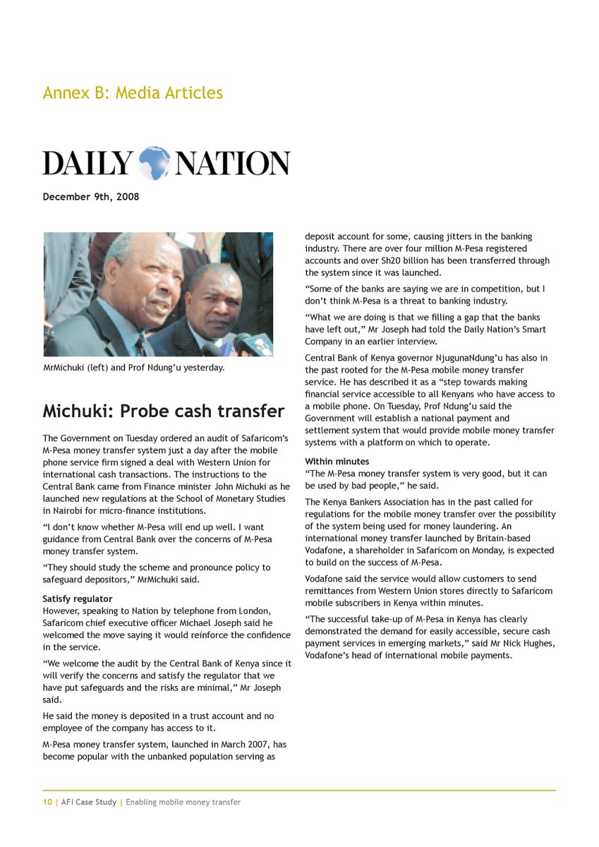 December 2008Michuki: Probe cash transfer“I don’t know whether M-Pesa will end up well. I wantguidance from Central Bank over the concerns of M-Pesamoney transfer system."