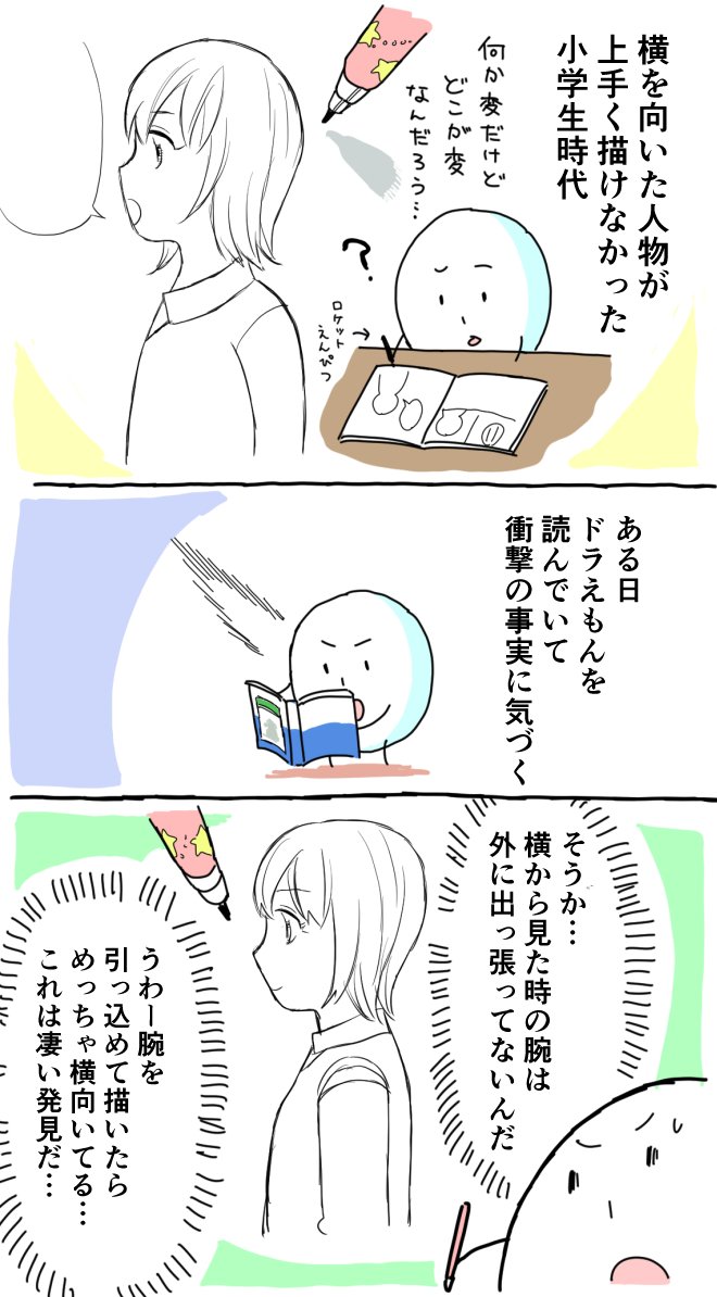 小学生時代、絵を描くことについて「ものすごいコツを掴んでしまった…」と思った時の思い出。今でもよく思い出すくらい衝撃的な発見だったので漫画にしました。 