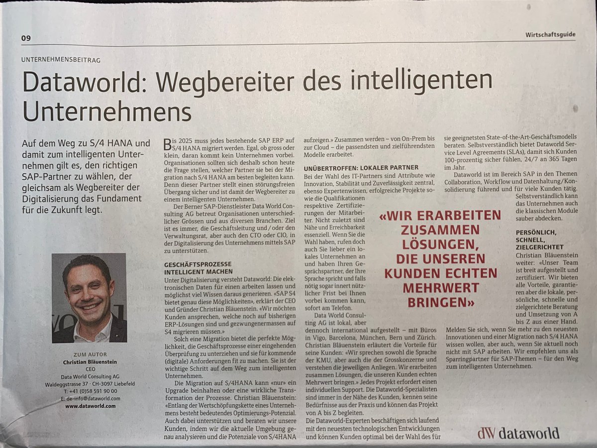 dW_dataworld's tweet image. Heute in der Sonntagspresse: Gerade jetzt ist der ideale Zeitpunkt, das intelligente Unternehmen anzusteuern.

dataworld.com/ch/trends/s4-d…