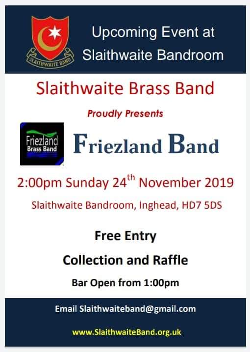On a grey day like this why not pop down to the bandroom for some great entertainment. Today we have <a href="/Friezlandband/">Friezland Brass Band</a> performing our free afternoon concert. 2pm start, bar open from 1pm.