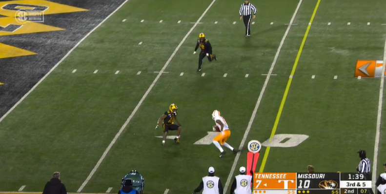 On his touchdown in the second quarter to give UT the lead, Jennings makes two defenders miss three times. He jukes and swipes away defender No. 1, makes defender No. 2 miss in the open field and then makes defender No. 1 miss a second time before diving into the end zone.