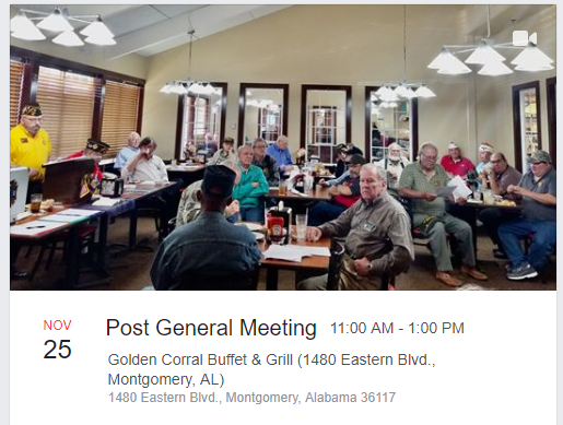 VFW96's tweet photo. Our November post meeting is Monday at 1100, @GoldenCorral on Eastern Boulevard in Montgomery Alabama. #VFWPostPride https://t.co/cJNSC3u6Uv
