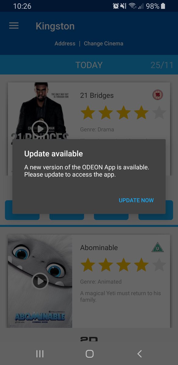 Technane's tweet image. Excersice in insanity, click update now , takes you too the Google play store page that just says open .....@ODEONCinemas have uninstalled / restarted phone / re installed / cleared data and cache .. issues persists